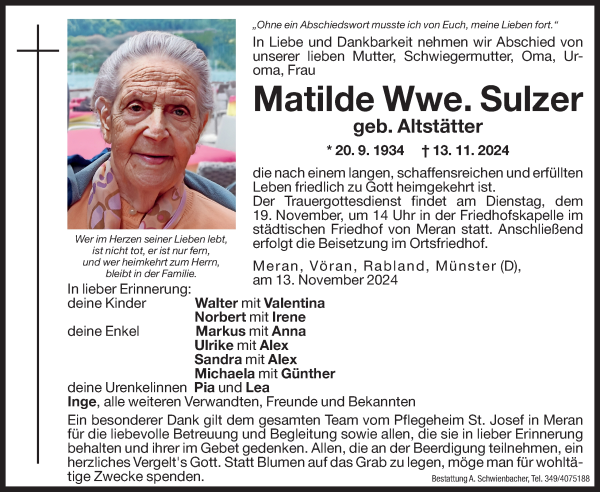 Traueranzeige von Matilde Sulzer von Dolomiten