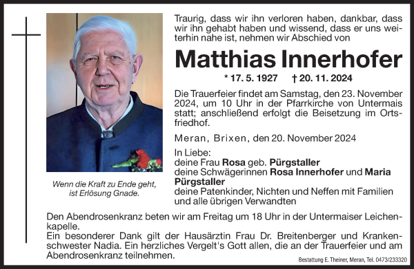 Traueranzeige von Matthias Innerhofer von Dolomiten