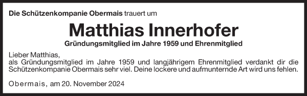 Traueranzeige von Matthias Innerhofer von Dolomiten