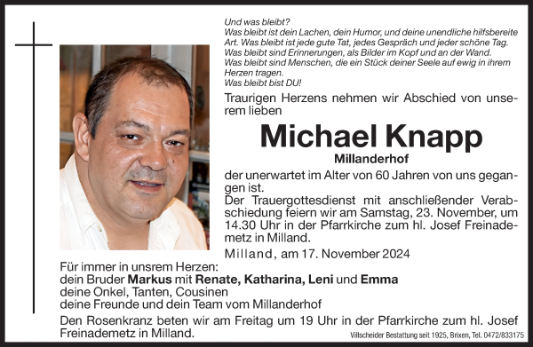 Traueranzeige von Michael Knapp von Dolomiten