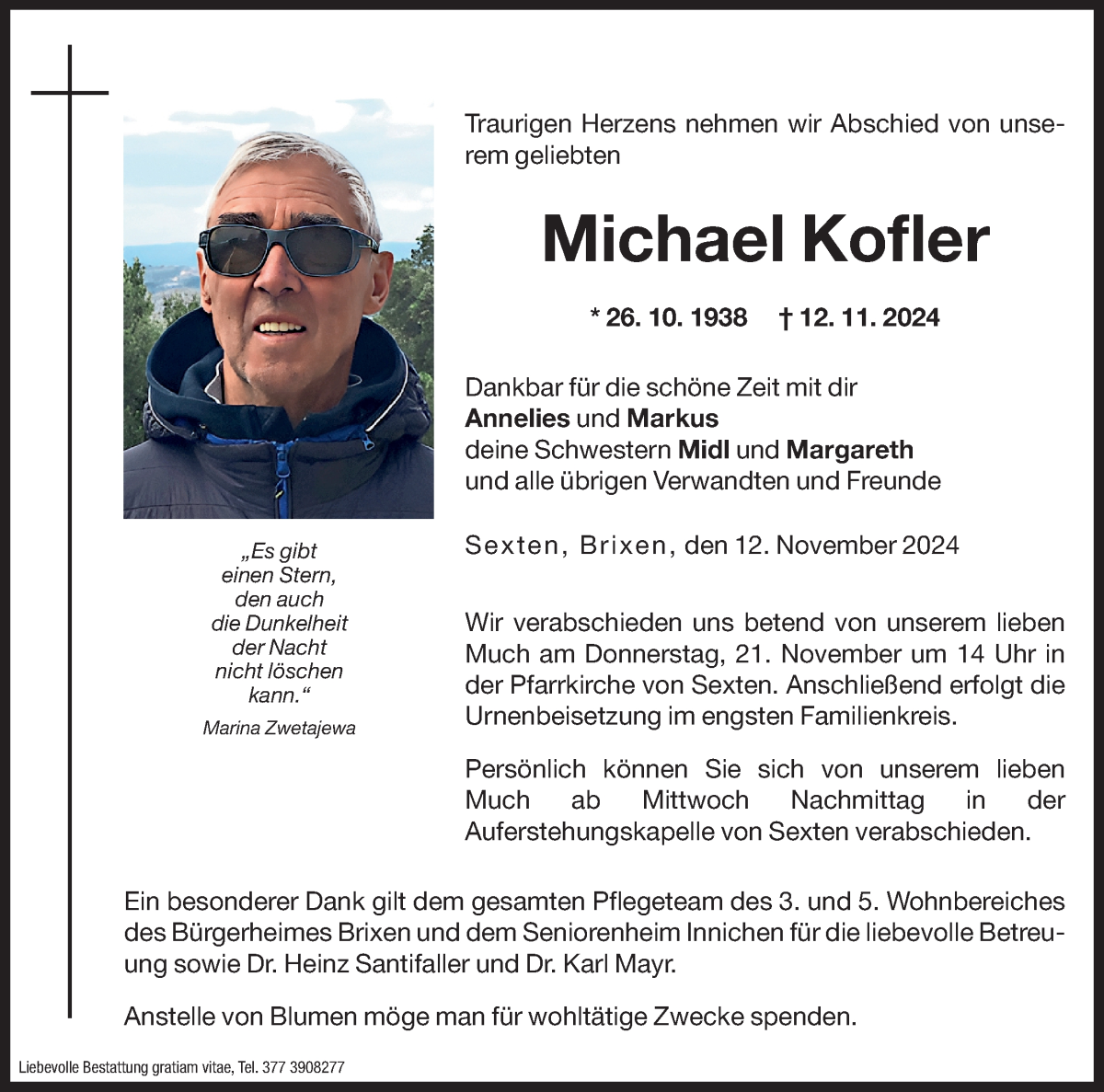  Traueranzeige für Michael Kofler vom 15.11.2024 aus Dolomiten