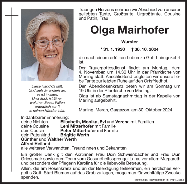 Traueranzeige von Olga Mairhofer von Dolomiten