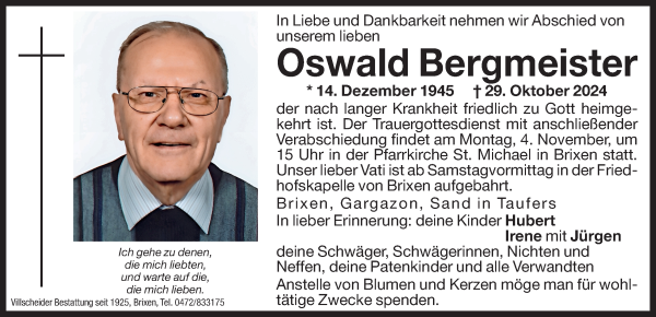 Traueranzeige von Oswald Bergmeister von Dolomiten