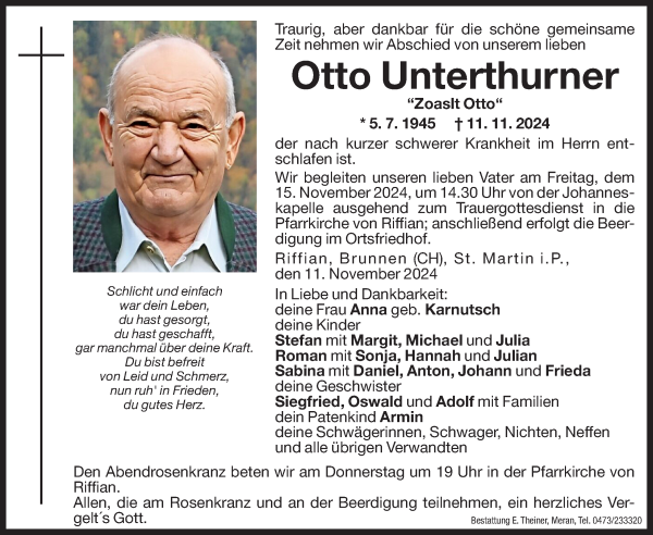 Traueranzeige von Otto Unterthurner von Dolomiten