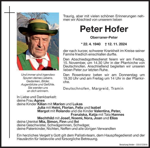 Traueranzeige von Peter Hofer von Dolomiten