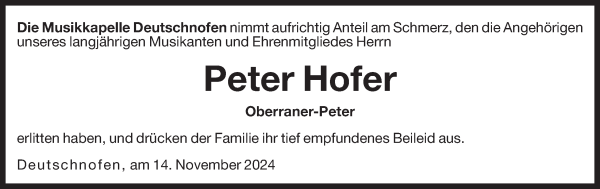 Traueranzeige von Peter Hofer von Dolomiten