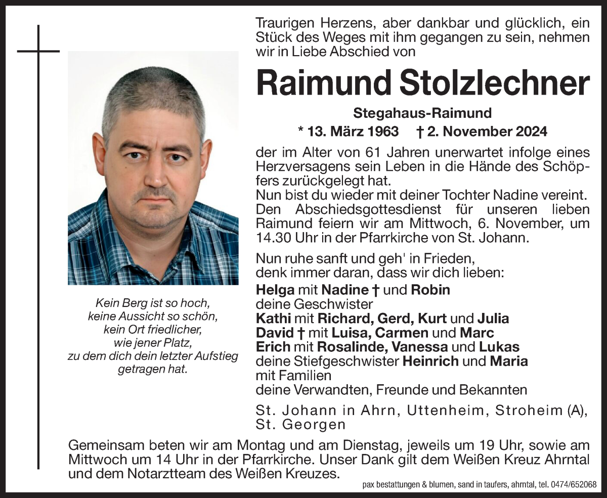  Traueranzeige für Raimund Stolzlechner vom 04.11.2024 aus Dolomiten