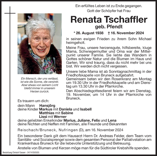 Traueranzeige von Renata Tschaffler von Dolomiten