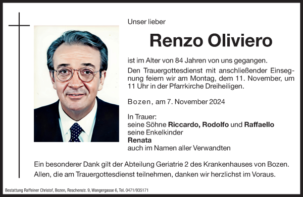 Traueranzeige von Renzo Oliviero von Dolomiten