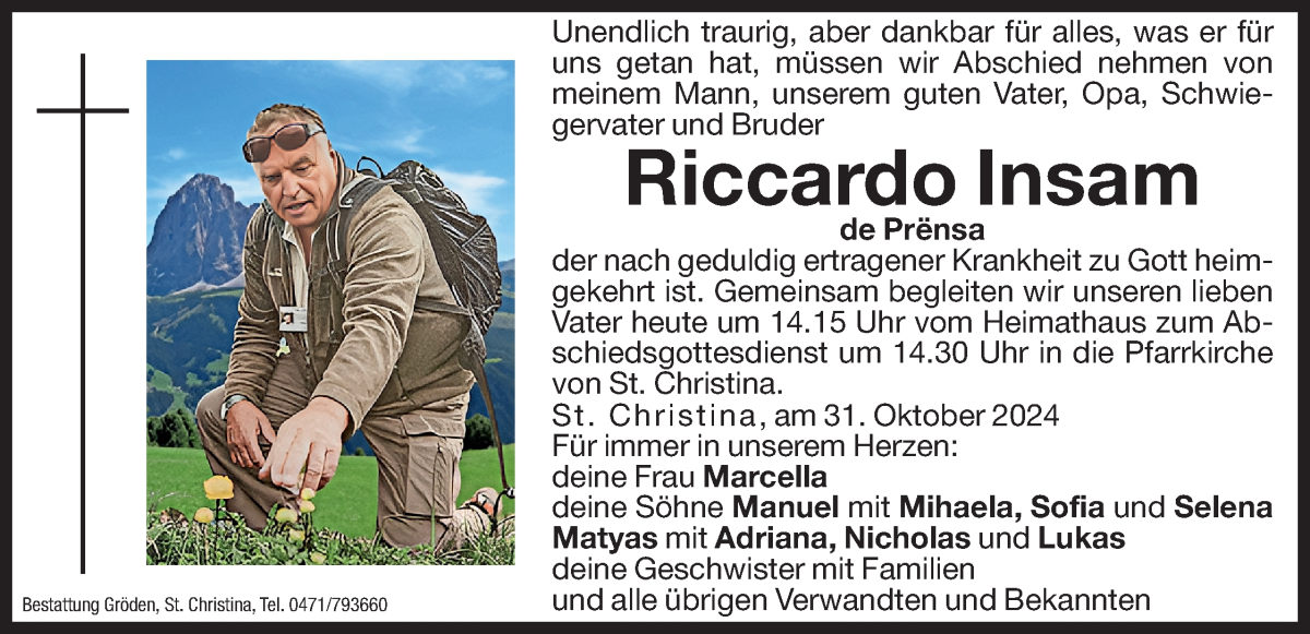  Traueranzeige für Riccardo Insam vom 02.11.2024 aus Dolomiten