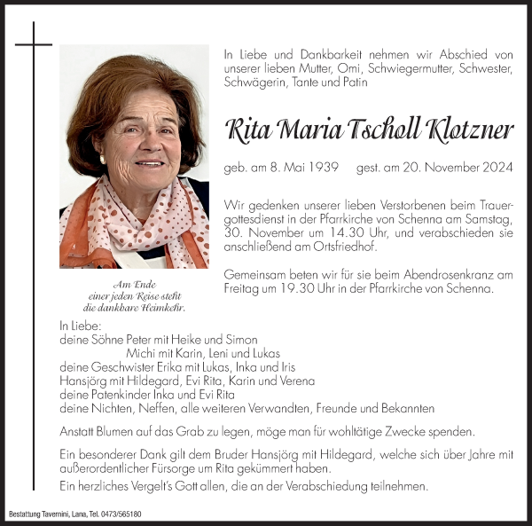 Traueranzeige von Rita Maria Klotzner von Dolomiten