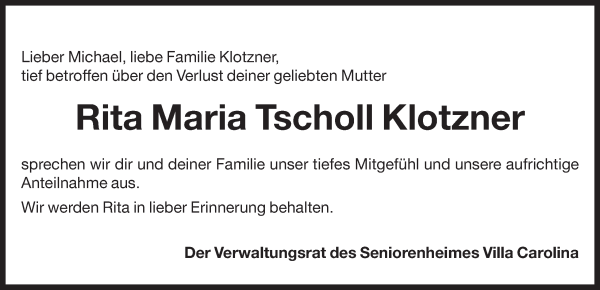 Traueranzeige von Rita Maria Klotzner von Dolomiten