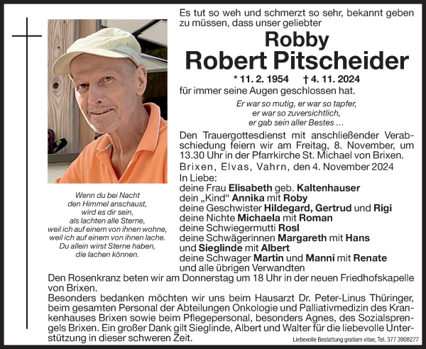 Traueranzeige von Robert Pitscheider von Dolomiten