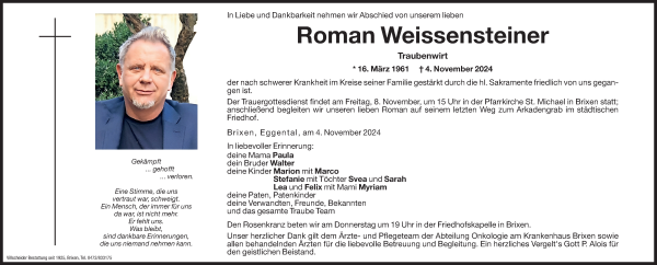 Traueranzeige von Roman Weissensteiner von Dolomiten