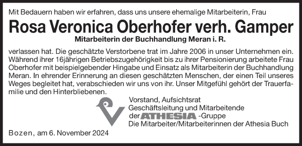 Traueranzeige von Rosa Veronica Gamper von Dolomiten