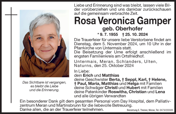 Traueranzeige von Rosa Veronica Gamper von Dolomiten