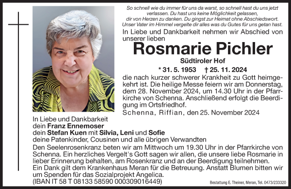 Traueranzeige von Rosmarie Pichler von Dolomiten