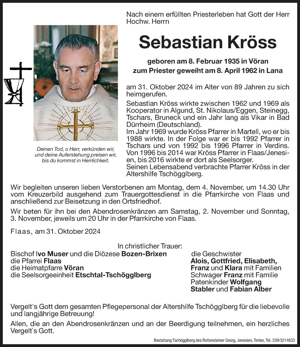  Traueranzeige für Sebastian Kröss vom 02.11.2024 aus Dolomiten