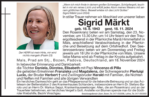 Traueranzeige von Sigrid Märkt von Dolomiten