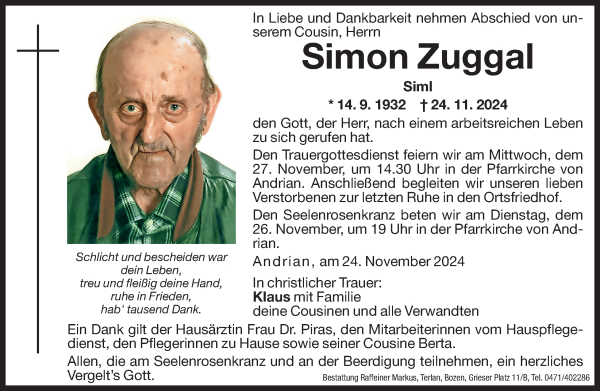 Traueranzeige von Simon Zuggal von Dolomiten