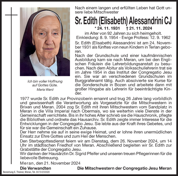 Traueranzeige von Sr. Edith (Elisabeth) Alessandrini von Dolomiten