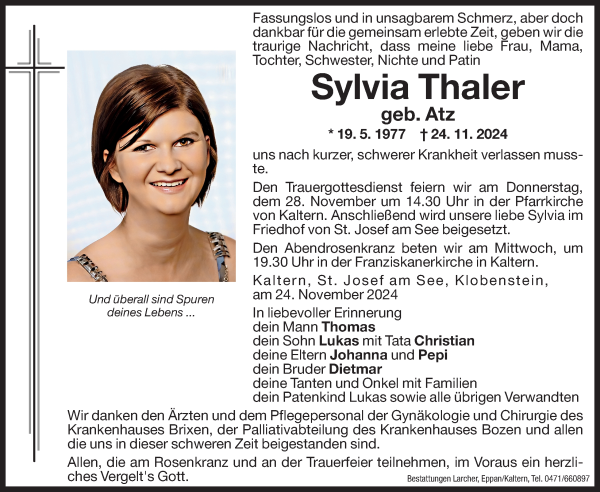 Traueranzeige von Sylvia Thaler von Dolomiten