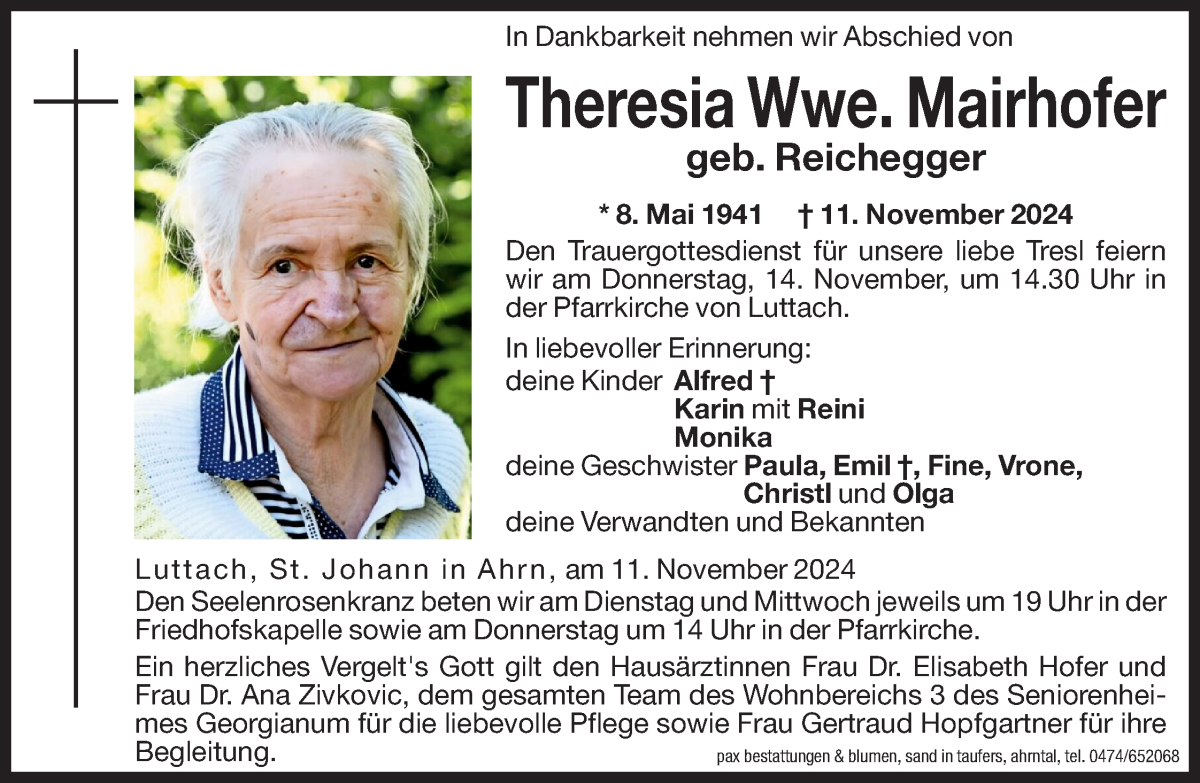  Traueranzeige für Theresia Mairhofer vom 12.11.2024 aus Dolomiten