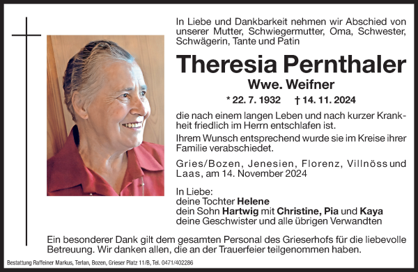 Traueranzeige von Theresia Weifner von Dolomiten