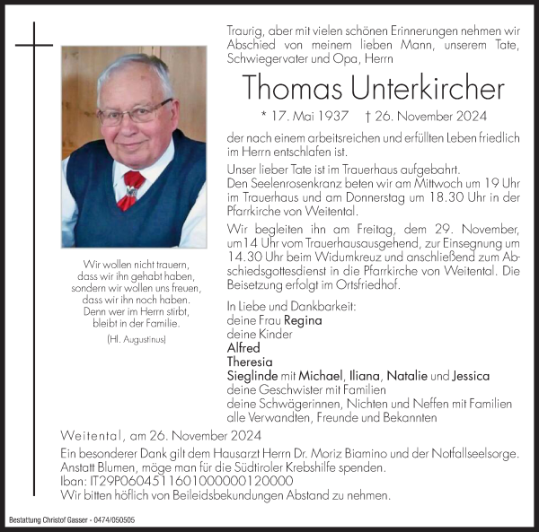 Traueranzeige von Thomas Unterkircher von Dolomiten