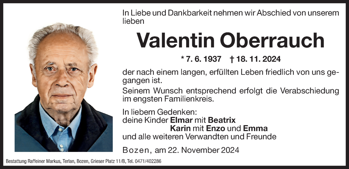  Traueranzeige für Valentin Oberrauch  vom 22.11.2024 aus Dolomiten