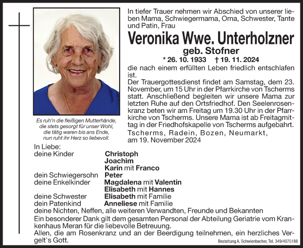 Traueranzeige von Veronika Unterholzner von Dolomiten