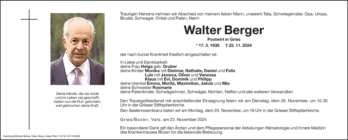  Traueranzeige für Walter Berger vom 23.11.2024 aus Dolomiten