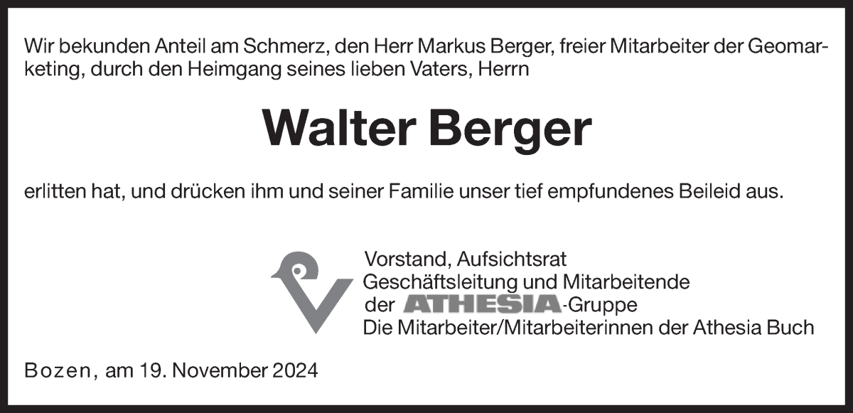  Traueranzeige für Walter Berger vom 20.11.2024 aus Dolomiten