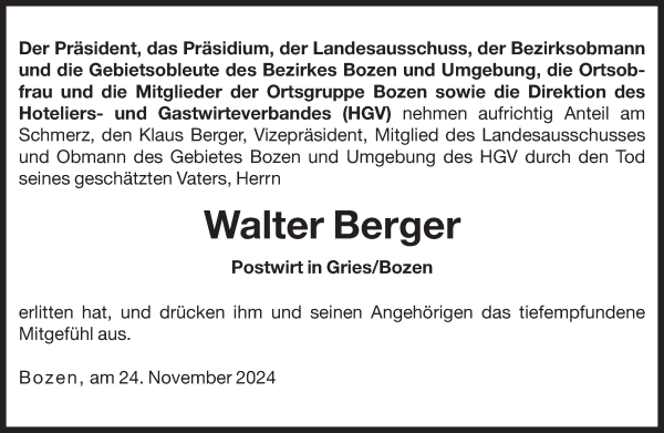 Traueranzeige von Walter Berger von Dolomiten