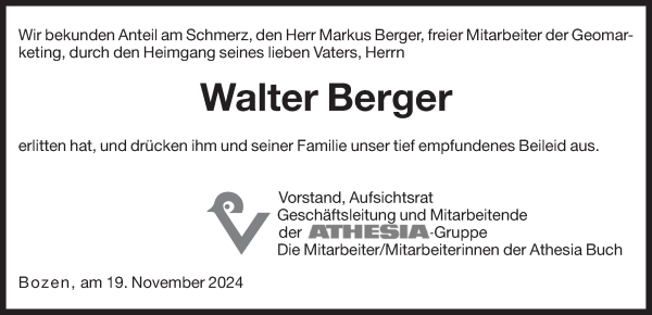 Traueranzeige von Walter Berger von Dolomiten