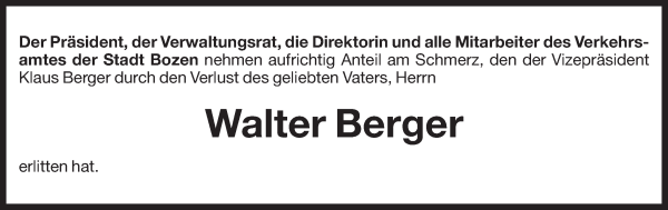 Traueranzeige von Walter Berger von Dolomiten