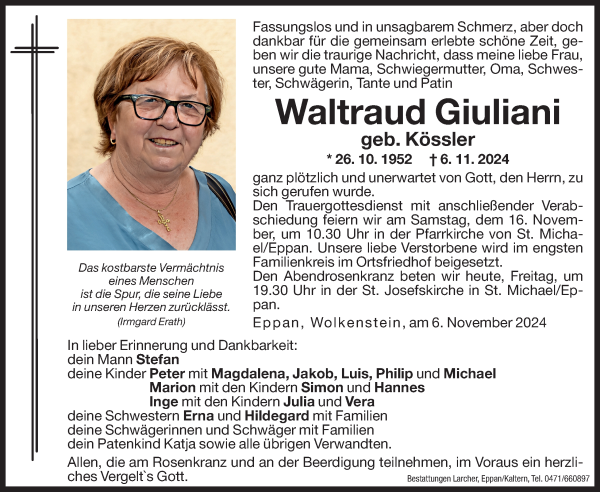 Traueranzeige von Waltraud Giuliani von Dolomiten