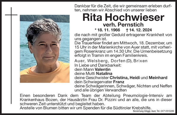 Traueranzeige von Rita Pernstich von Dolomiten