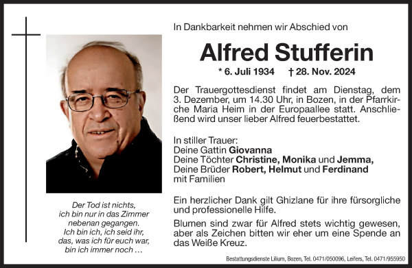 Traueranzeige von Alfred Stufferin von Dolomiten