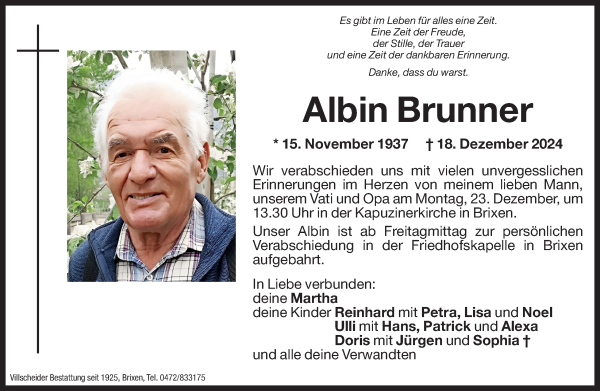 Traueranzeige von Albin Brunner von Dolomiten