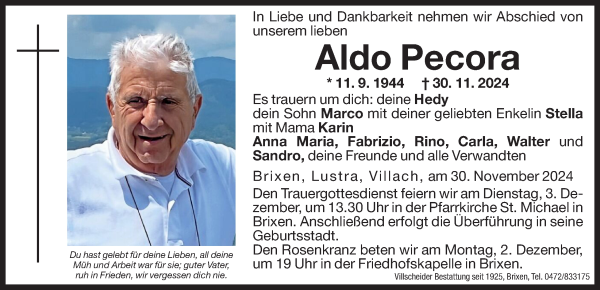 Traueranzeige von Aldo Pecora von Dolomiten