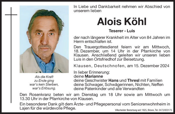 Traueranzeige von Alois Köhl von Dolomiten