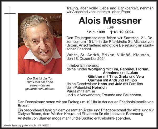 Traueranzeige von Alois Messner von Dolomiten