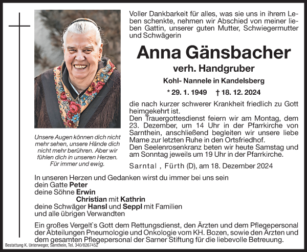 Traueranzeige von Anna Handgruber von Dolomiten