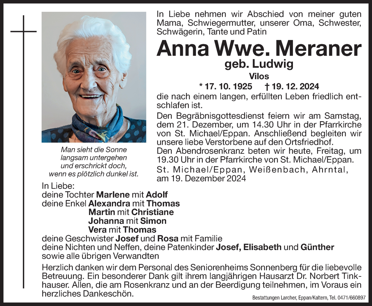  Traueranzeige für Anna Meraner vom 20.12.2024 aus Dolomiten