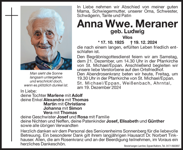 Traueranzeige von Anna Meraner von Dolomiten