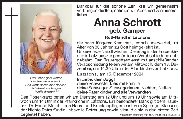 Traueranzeige von Anna Schrott von Dolomiten