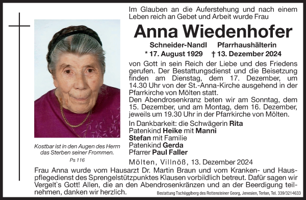 Traueranzeige von Anna Wiedenhofer von Dolomiten