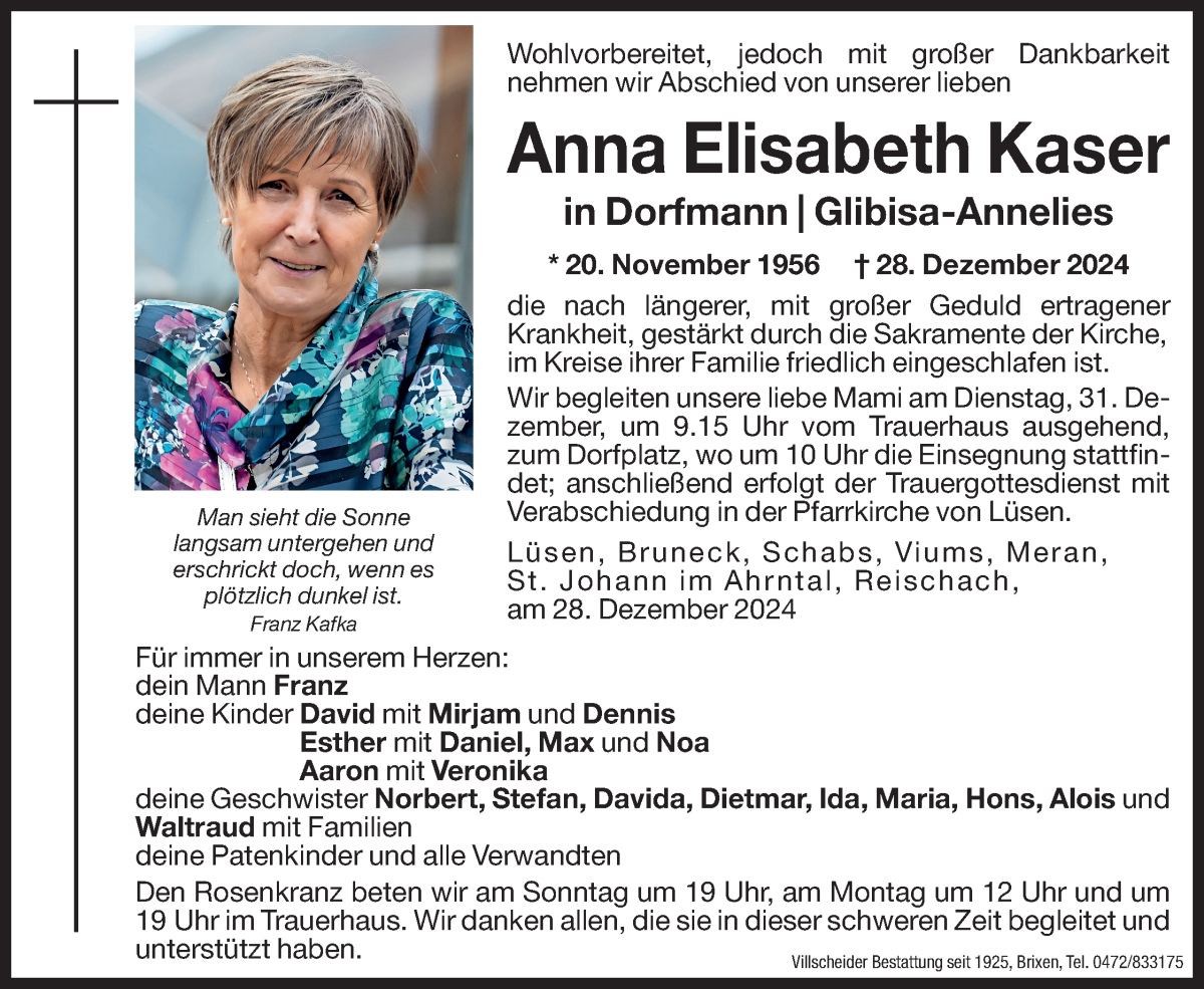  Traueranzeige für Anna Elisabeth Dorfmann vom 30.12.2024 aus Dolomiten