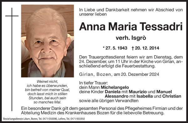 Traueranzeige von Anna Maria Isgrò  von Dolomiten